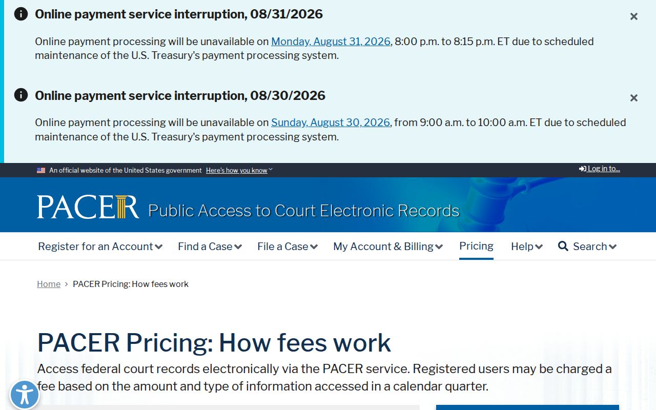 Shelby County case-search reference showing official PACER federal access pricing