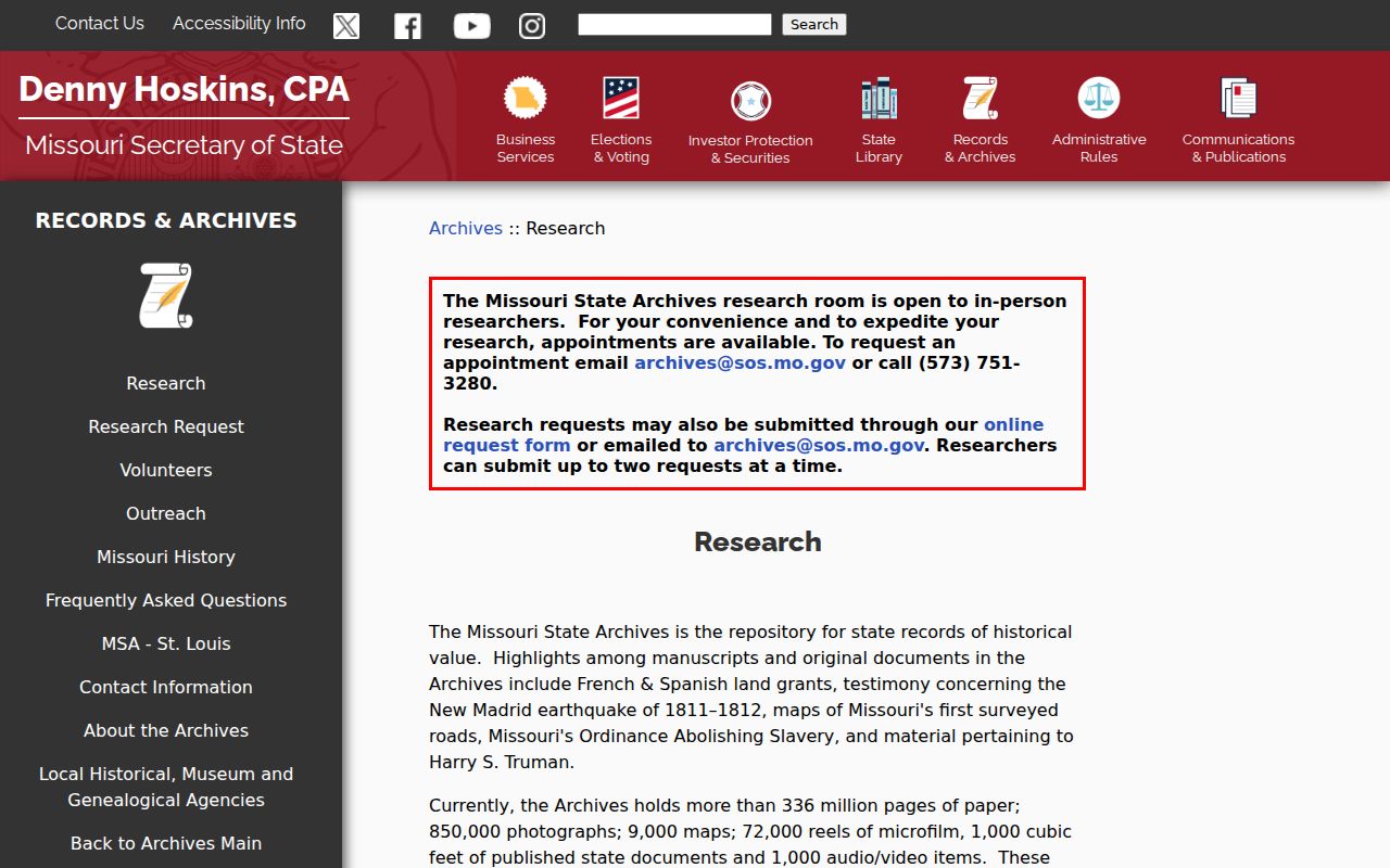 Missouri Archives judicial-record database search page