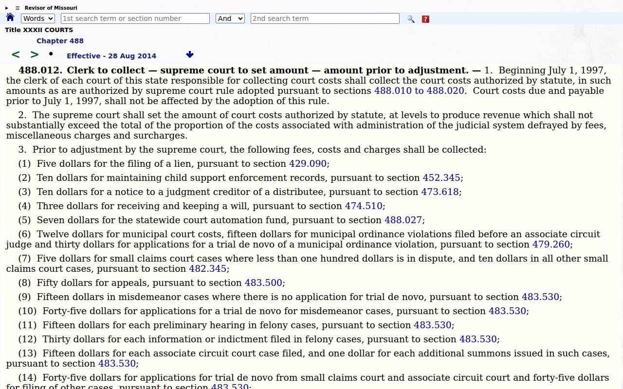 Missouri statute page listing court-cost categories