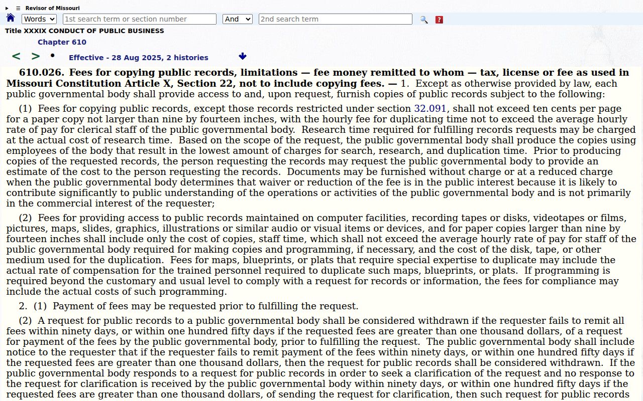 Missouri Sunshine Law statute page on copy and search costs