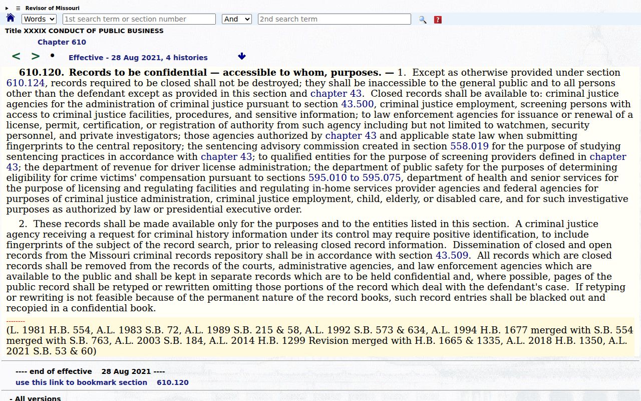 Missouri statute page on closed records and authorized access