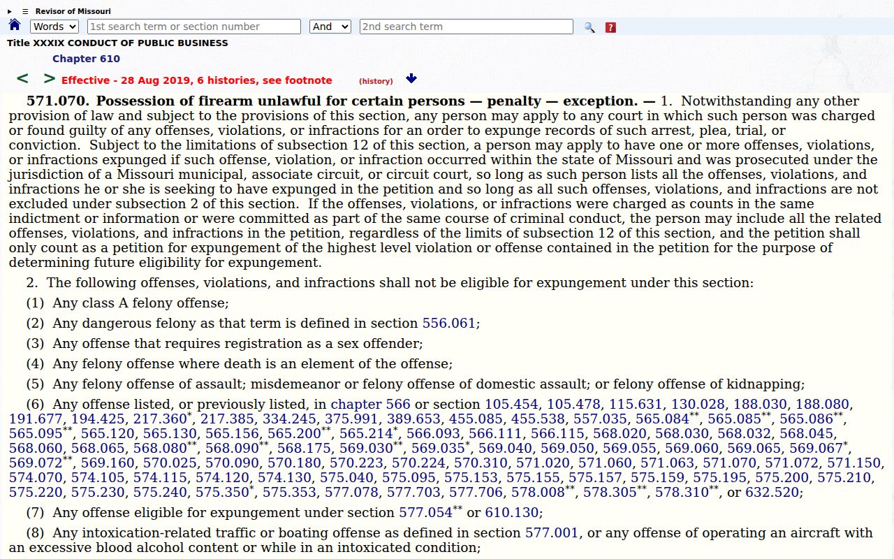 Missouri statute page for the expungement petition framework