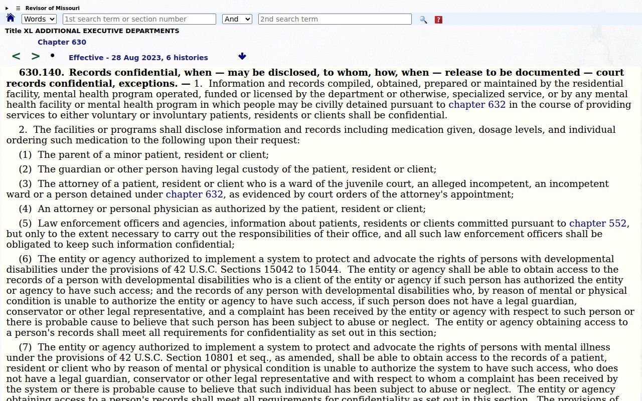 Missouri statute page on confidentiality of mental-health court records