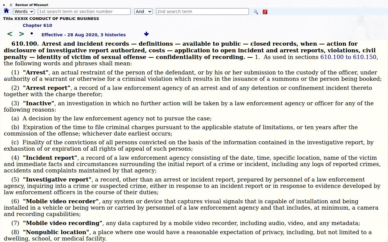 Missouri statute page addressing arrest and incident report access